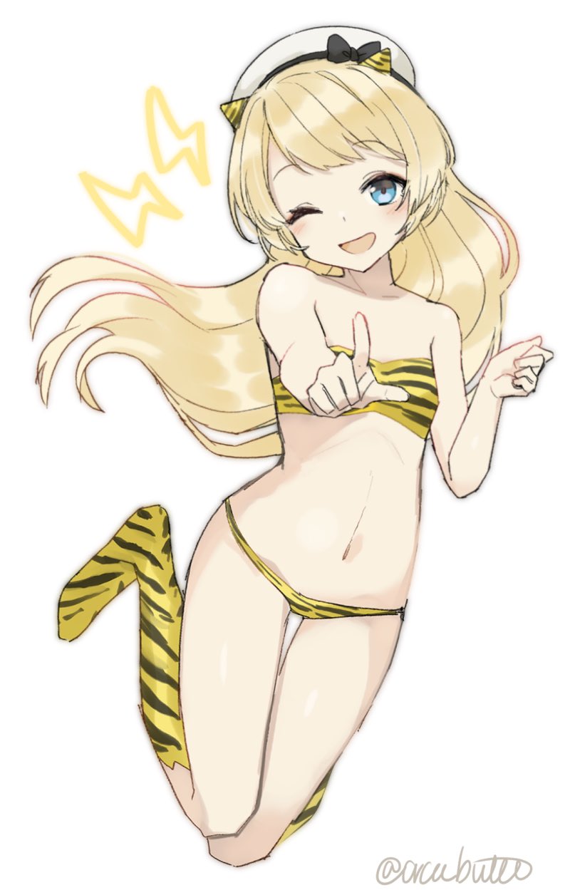 1girl animal_print bandeau bikini blonde_hair blue_eyes boots commentary_request cosplay flat_chest foreshortening full_body hat highres horns jervis_(kantai_collection) kantai_collection long_hair lum lum_(cosplay) navel oni oni_horns pointing sailor_hat simple_background solo swimsuit tiger_print trait_connection twitter_username urusei_yatsura white_background white_hat yamashiki_(orca_buteo)