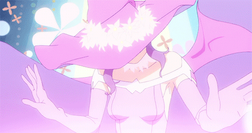 1girl animated animated_gif bare_shoulders broom brown_hair dress elbow_gloves facial_tattoo gloves hat looking_at_viewer short_hair solo tattoo v_lila_f witch witch_hat yozakura_quartet