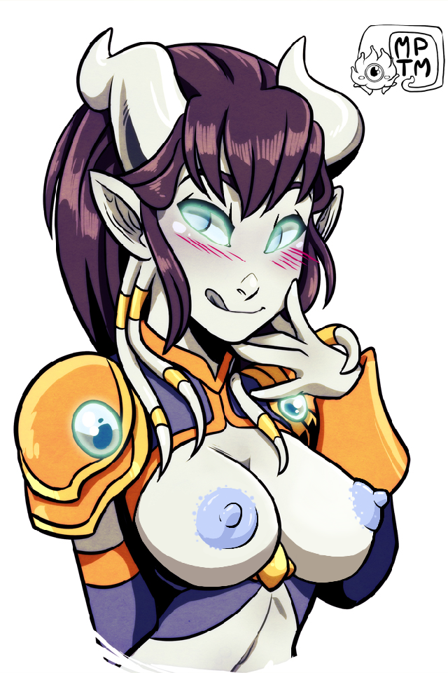 1girl areolae blush borrowed_character breasts cleavage detached_sleeves draenei green_eyes monara my_pet_tentacle_monster nipples open_clothes photoshop pointy_ears puffy_nipples purple_hair purple_skin short_hair solo warcraft