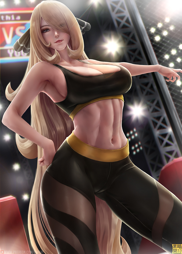 abs arena armpits ass_visible_through_thighs bangs blonde_hair breasts cleavage creatures_(company) game_freak gluteal_fold hair_over_one_eye hand_on_hip limgae long_hair looking_at_viewer navel nintendo outstretched_arm pants pokemon pokemon_(game) pokemon_dppt shirona_(pokemon) sleeveless smile solo sports_bra standing stomach swept_bangs toned very_long_hair yoga_pants