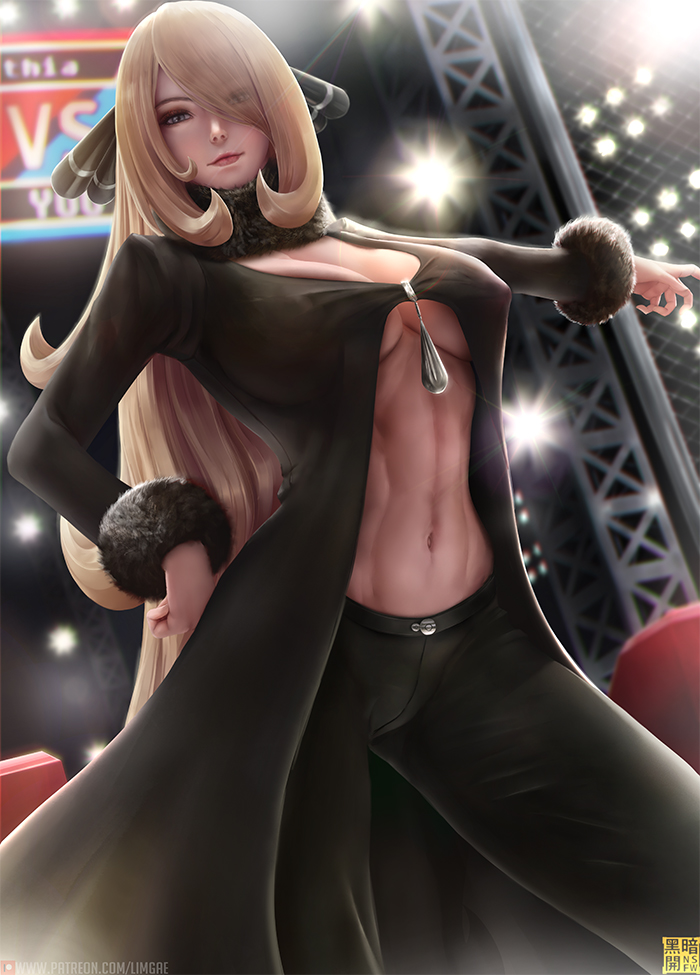 abs arena bangs blonde_hair breasts cleavage covered_nipples creatures_(company) erect_nipples fur_trim game_freak hair_over_one_eye hand_on_hip jacket limgae long_hair looking_at_viewer navel nintendo outstretched_arm pants pokemon pokemon_(game) pokemon_dppt shirona_(pokemon) smile solo stomach swept_bangs tight tight_pants toned underboob very_long_hair