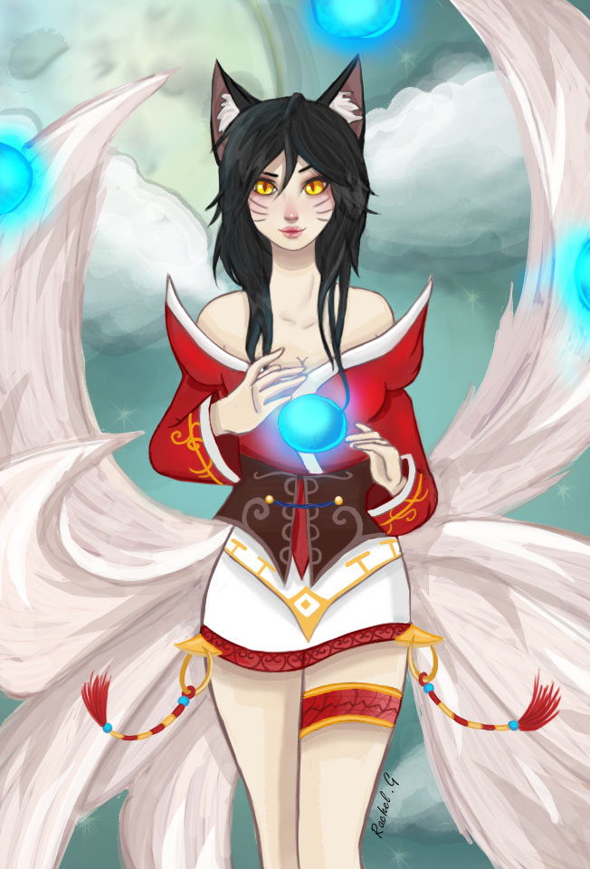 1girl ahri animal_ears artist_request black_hair breasts cleavage energy_ball female fox_ears fox_tail gold_eyes japanese_clothes kitsunemimi kyuubi large_breasts league_of_legends long_hair looking_at_viewer multiple_tails solo tail traditional_clothes wafuku yellow_eyes