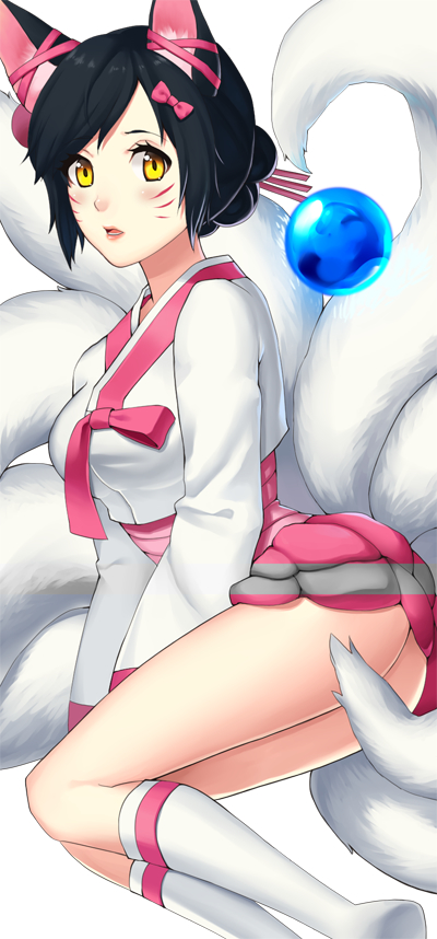 1girl ahri ahri_(whitehee93) alternate_costume alternate_hairstyle animal_ears black_hair bow facial_mark female fox_ears fox_tail gold_eyes hair_bow hair_up kitsunemimi korean_clothes kyuubi league_of_legends long_hair long_sleeves looking_at_viewer multiple_tails open_mouth pink_skirt shirt skirt socks solo tail traditional_clothes white_shirt yellow_eyes