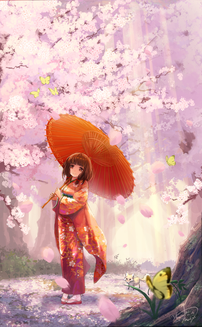 2014 artist_name bow brown_eyes brown_hair bug butterfly cherry_blossoms dated floral_print fox furisode hair_bow holding holding_umbrella insect japanese_clothes kimono miyai_haruki number oriental_umbrella original outdoors petals pigeon-toed sandals scenery short_hair signature smile solo standing sunlight umbrella