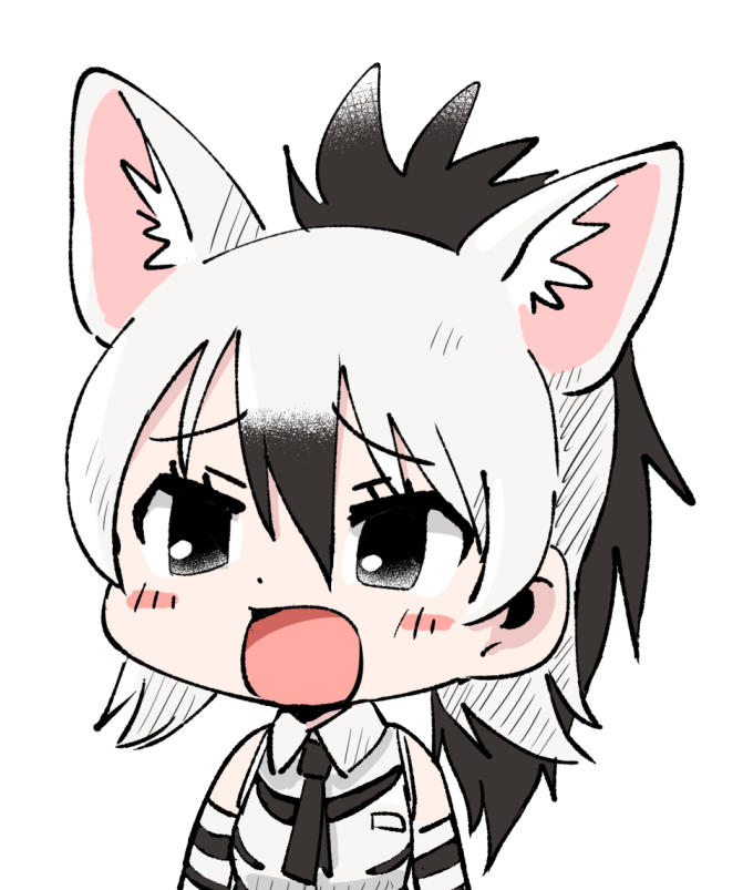 1girl :o aardwolf_(kemono_friends) aardwolf_ears animal_ears black_eyes black_hair blush chibi commentary_request extra_ears eyebrows_visible_through_hair hair_between_eyes kemono_friends long_hair multicolored_hair necktie panzuban ponytail simple_background solo two-tone_hair underwear white_background white_hair
