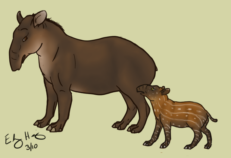 2010 age_difference ambiguous_gender baird's_tapir black_mane brown_body brown_eyes brown_tail brown_theme child cub digital_drawing_(artwork) digital_media_(artwork) duo eye_contact feral feralhound frown full-length_portrait grey_hooves hooves looking_aside looking_at_another looking_up mammal mane open_frown open_mouth parent parent_and_child portrait quadruped short_tail side_view simple_background size_difference spotted_body spotted_tail standing striped_body tan_background tapir trunk two_tone_body two_tone_tail white_body white_tail yellow_eyes young