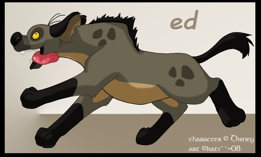 2008 black_border black_nose black_tail border brown_fur character_name digital_media_(artwork) disney ed_(the_lion_king) feral fur hyaenid kati-kopa mammal notched_ear open_mouth open_smile running simple_background smile solo spotted_hyena the_lion_king tongue tongue_out yellow_sclera