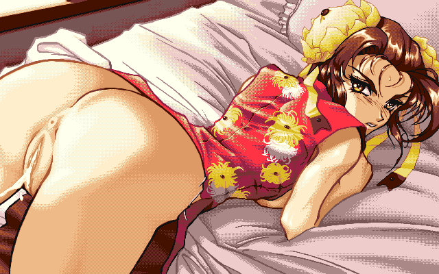 1girl 4bpp aftersex angry anus ass bed bun_cover china_dress chinese_clothes cum cum_in_pussy dress game_cg hair_bun looking_back lying oldschool pc98 pussy solo uncensored