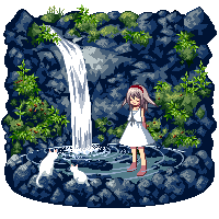 animal animated animated_gif barefoot cat closed_eyes day dress grey_hair hair_flaps lowres nature original pixel_art plant ripples solo standing sundress tozaki_makoto transparent_background wading water waterfall