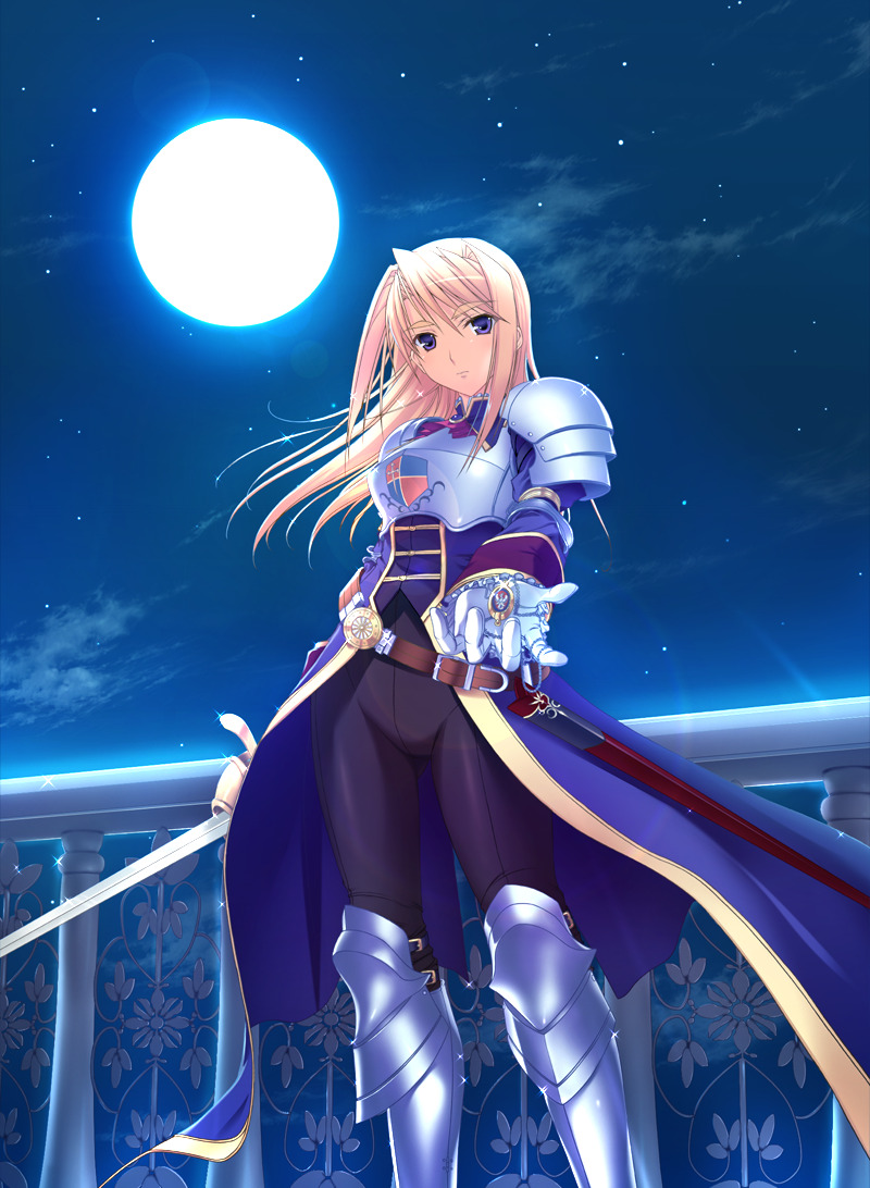 armor blonde_hair blue_eyes game_cg gloves hands jewelry komori_kei locket long_hair moon night non-web_source outstretched_arm outstretched_hand pendant princess_lover reaching silvia_van_hossen skin_tight sky solo spandex star_(sky) starry_sky sword weapon white_gloves