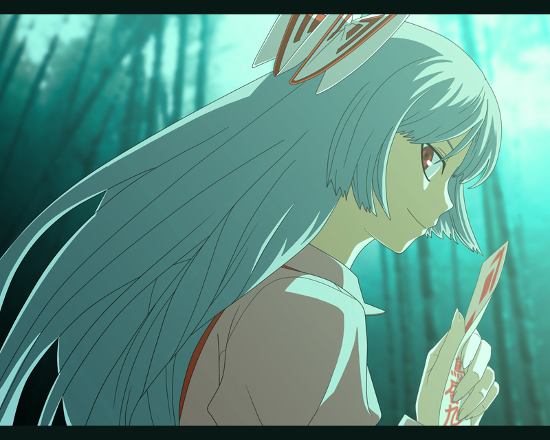 a.torii anime_coloring bamboo bamboo_forest fake_screenshot forest fujiwara_no_mokou hair_ribbon holding letterboxed long_hair looking_back moonlight nature ofuda profile red_eyes ribbon silver_hair smile solo touhou white_hair