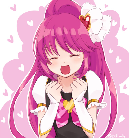 aino_megumi bad_id bad_pixiv_id bangs bow closed_eyes cure_lovely hair_ornament happinesscharge_precure! heart heart_hair_ornament long_hair magical_girl open_mouth pink_bow pink_hair ponytail precure puffy_short_sleeves puffy_sleeves sasamaru_chimaki short_sleeves smile solo swept_bangs twitter_username wide_ponytail wrist_cuffs