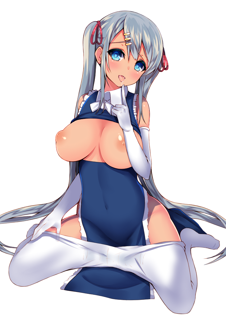 bad_id bad_pixiv_id blue_eyes blush breastless_clothes breasts breasts_outside covered_navel dark_skin elbow_gloves finger_licking gloves hair_ornament hairclip heart heart-shaped_pupils inverted_nipples large_breasts licking long_hair looking_at_viewer nipples original pantyhose pantyhose_pull ponkotsu_(ayarosu) puffy_sleeves saliva saliva_trail silver_hair simple_background sitting solo symbol-shaped_pupils tongue tongue_out twintails very_long_hair wariza white_background white_gloves