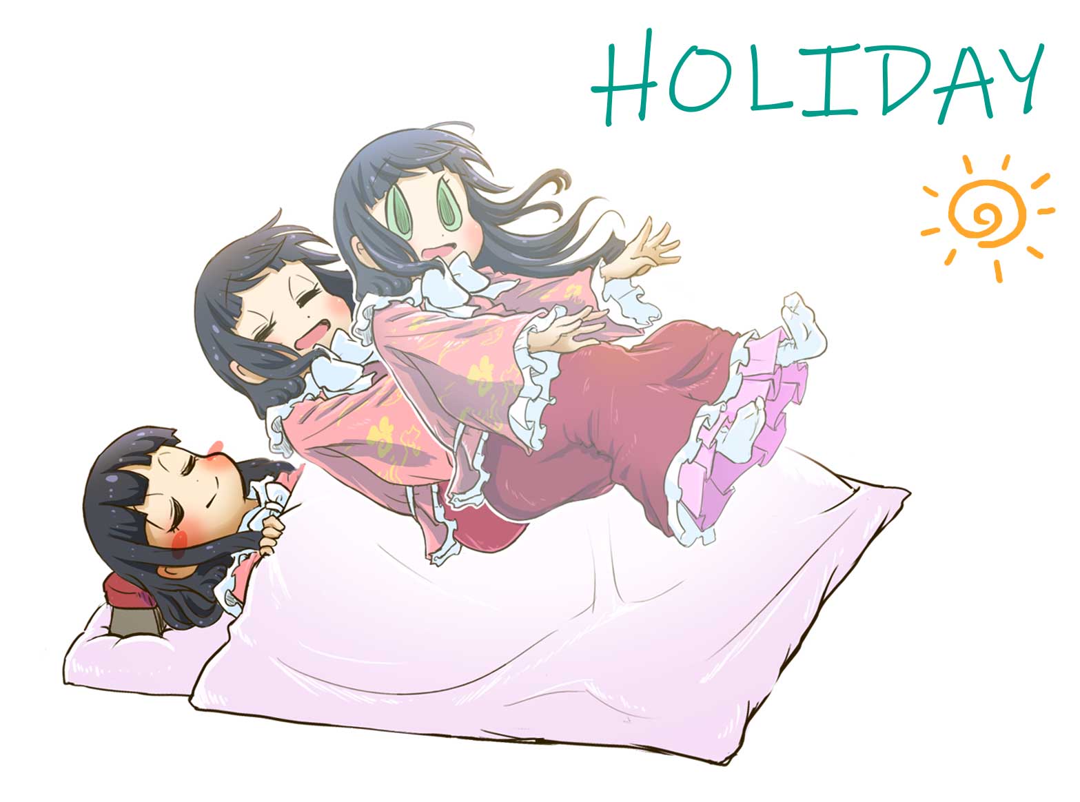 1girl afterimage black_hair blanket blush blush_stickers bow bowtie chamaji commentary_request english_text falling frills futon green_eyes green_sclera hime_cut houraisan_kaguya japanese_clothes long_hair long_sleeves open_mouth pillow pun simple_background skirt sleeping smile solo sun tabi takamakura text_focus touhou white_background wide_sleeves