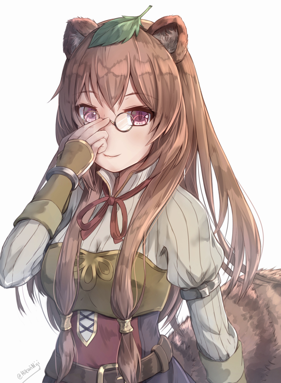 1girl adjusting_eyewear animal_ear_fluff animal_ears arm_guards bangs belt belt_buckle breasts brown-framed_eyewear brown_belt brown_eyes brown_hair buckle closed_mouth collared_shirt commentary cosplay eyebrows_visible_through_hair futatsuiwa_mamizou glasses grey_shirt hair_between_eyes hand_up highres hikari_niji juliet_sleeves leaf leaf_on_head long_hair long_sleeves looking_at_viewer neck_ribbon pince-nez puffy_sleeves raccoon_ears raccoon_girl raccoon_tail raphtalia raphtalia_(cosplay) red_ribbon ribbed_shirt ribbon shirt simple_background small_breasts smile solo tail tate_no_yuusha_no_nariagari touhou trait_connection twitter_username upper_body very_long_hair white_background