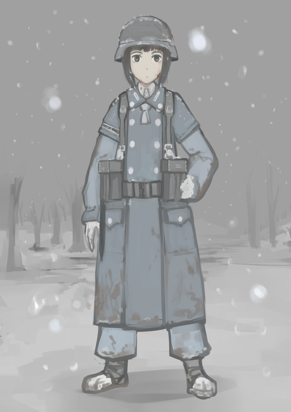 adapted_uniform ascot belt blood blood_on_face brown_hair dirty erica_(naze1940) hand_on_hip helmet highres md5_mismatch military muted_color original pouch short_hair sketch sky snow snowing soldier solo stahlhelm standing tree winter_clothes world_war_ii