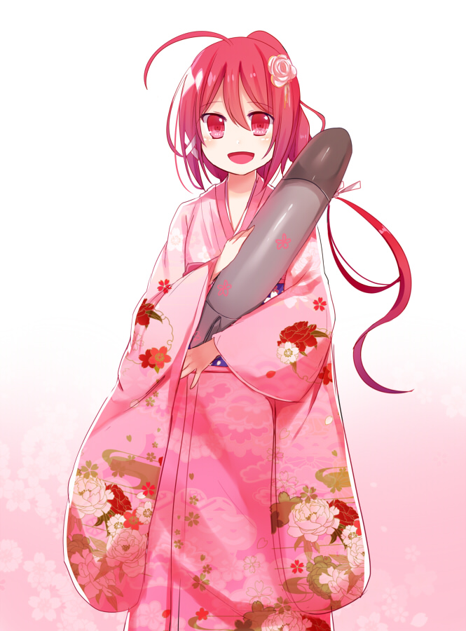 :d ahoge alternate_costume floral_print flower gradient gradient_background hair_flower hair_ornament i-168_(kantai_collection) japanese_clothes kantai_collection kimono long_ponytail looking_at_viewer open_mouth red_eyes red_hair simple_background smile solo torpedo uiroutsuji_yumihiko