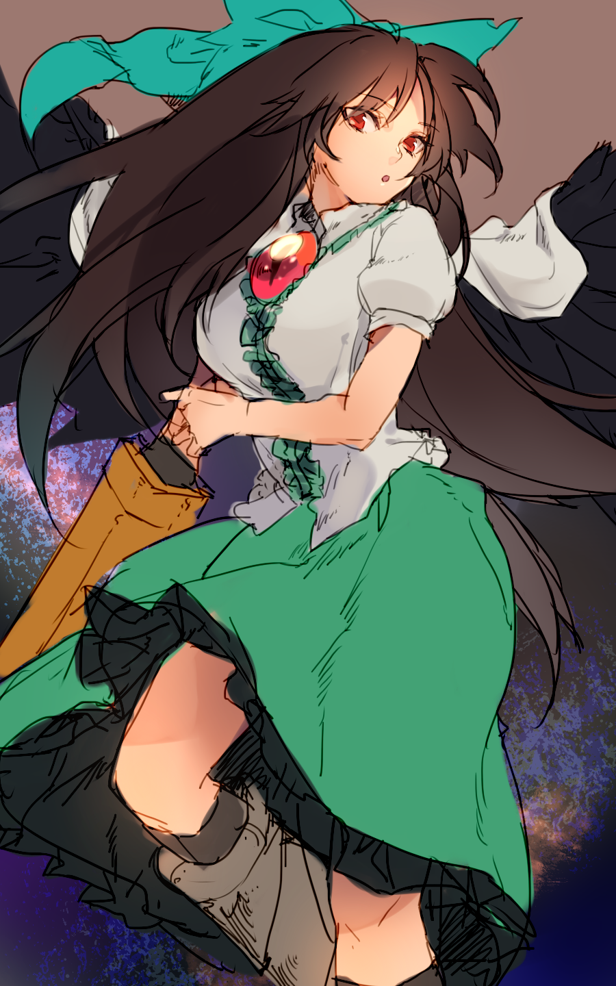:o arm_cannon asuna_(i_luv) black_wings bow breasts brown_hair hair_bow highres large_breasts long_hair looking_at_viewer red_eyes reiuji_utsuho sketch solo third_eye touhou very_long_hair weapon wings