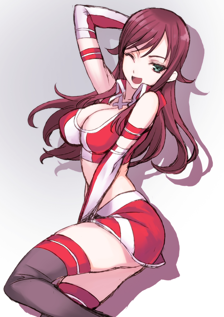 ;d akana_rui arm_up black_legwear breasts brown_hair chousoku_henkei_gyrozetter cleavage green_eyes highres large_breasts long_hair matsuryuu one_eye_closed open_mouth race_queen red_hair shadow shorts smile solo thighhighs