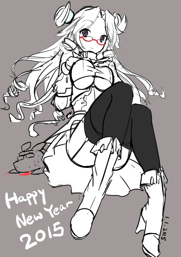 2015 artist_self-insert black_legwear blood blush breasts fatkewell full_body garter_straps glasses happy_new_year knees_together_feet_apart large_breasts monochrome new_year purple_eyes simple_background sitting sketch smile spot_color sweat thighhighs thighs underboob