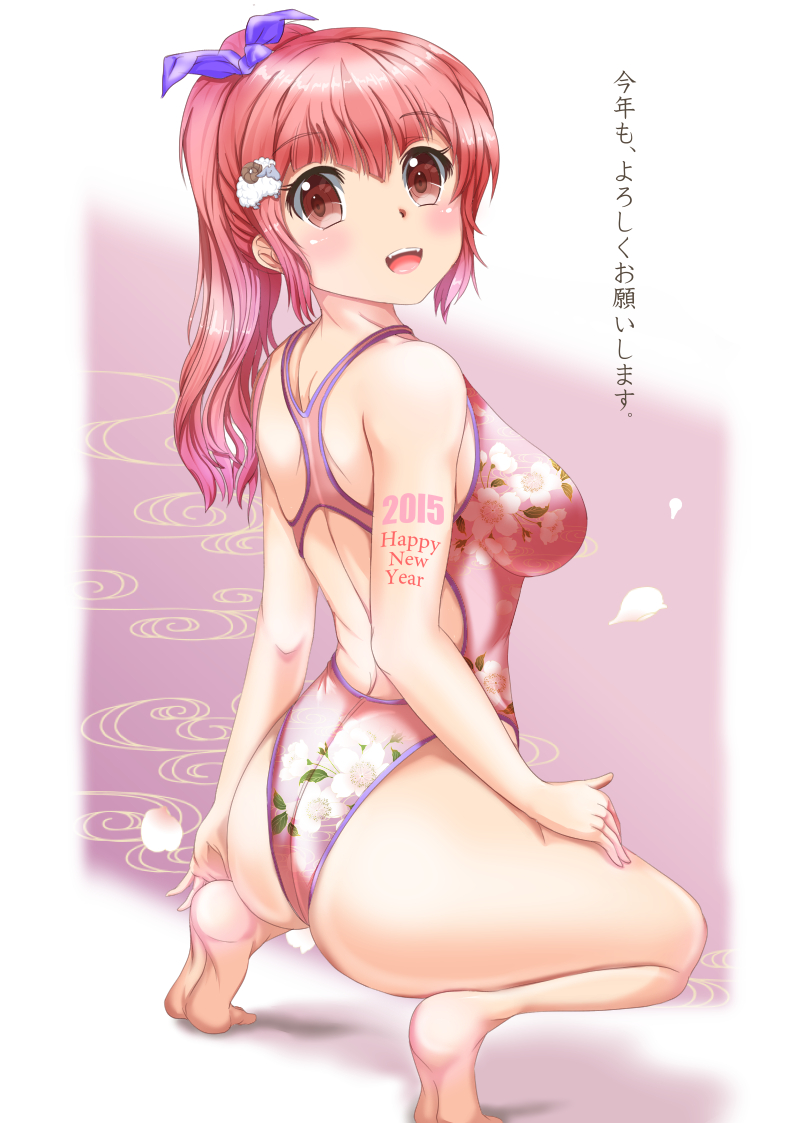 2015 ass brown_eyes competition_swimsuit from_behind highleg highleg_swimsuit looking_back mashinatsu new_year one-piece_swimsuit original pink_hair pink_swimsuit ponytail solo squatting swimsuit tiptoes