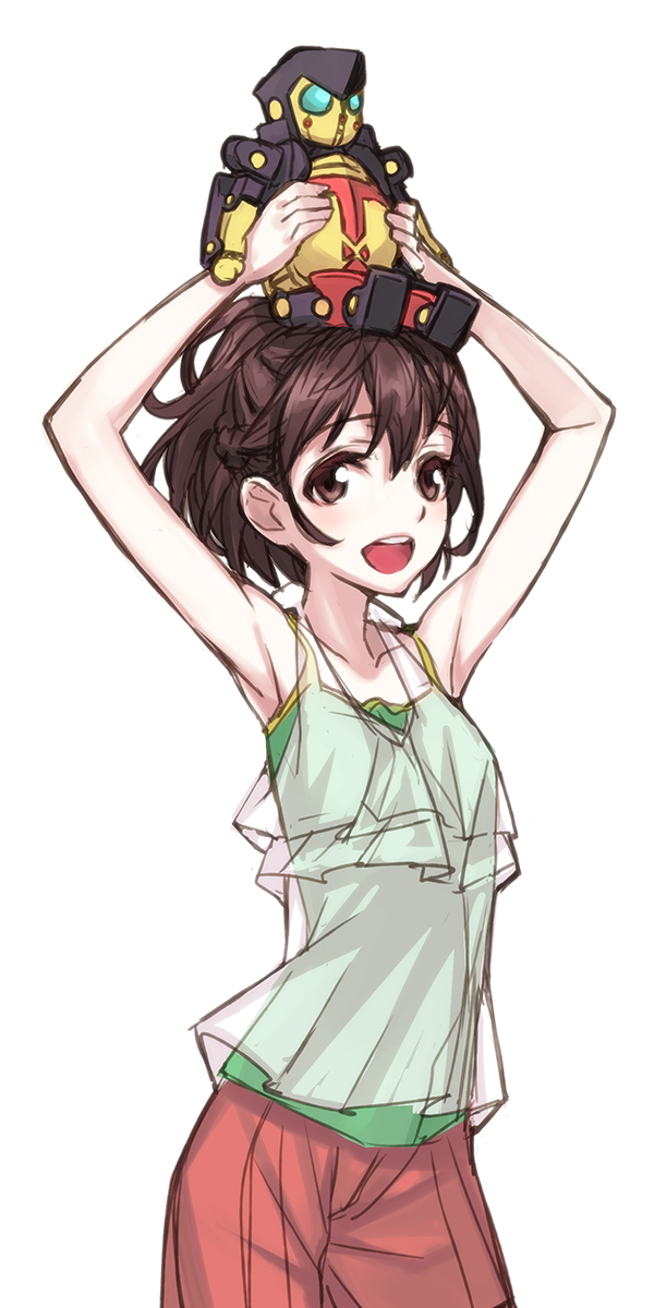 :d armpits arms_up casual highres matsuryuu object_on_head open_mouth robot robotics;notes senomiya_akiho short_hair simple_background smile solo white_background