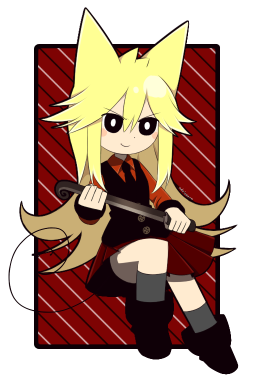 adricarra animal_ears artist_name bangs blonde_hair blush_stickers buttons cleaver holding long_hair moge-ko mogeko_castle necktie official_style parody red_skirt sidelocks skirt solo tail transparent_background