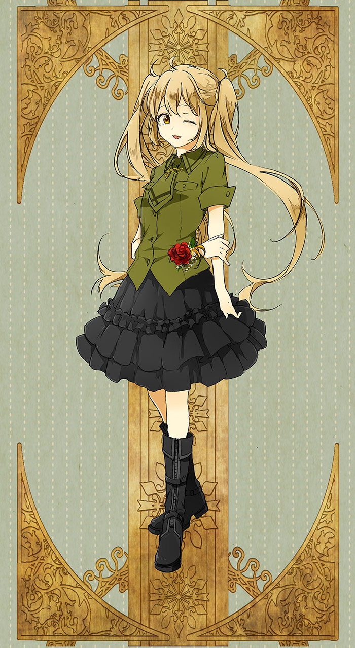;d alternate_costume arm_behind_back belt_boots black_footwear black_skirt boots brown_eyes cravat highres hoshi_akari jacket kantai_collection knee_boots layered_skirt light_brown_hair long_hair looking_at_viewer murasame_(kantai_collection) one_eye_closed open_mouth parted_lips short_sleeves skirt smile solo standing twintails
