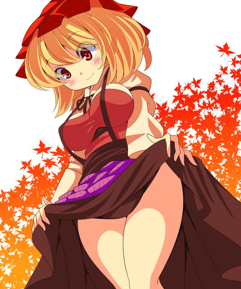 aki_minoriko bad_id bad_pixiv_id bare_legs blonde_hair breasts cowboy_shot eyes_visible_through_hair food fruit fruit_hat grapes hat impossible_clothes large_breasts long_sleeves looking_down mob_cap oimo_(imoyoukan) potato puffy_long_sleeves puffy_sleeves red_eyes short_hair skirt skirt_basket skirt_lift smile solo thighs touhou