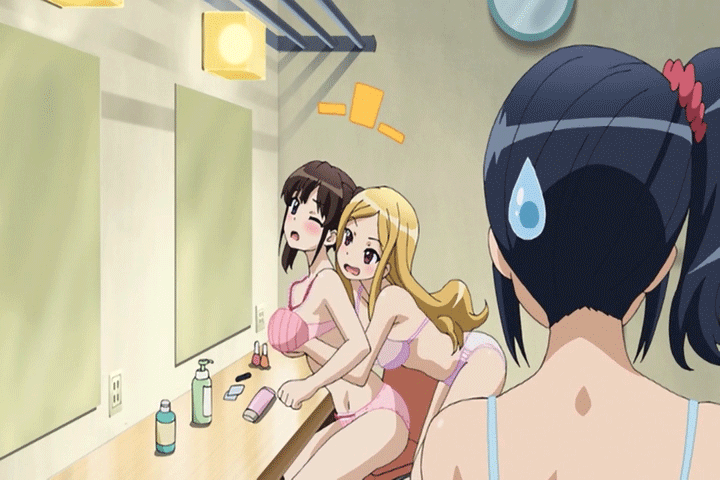 3girls :o ;o animated animated_gif ass_shake bangs bare_shoulders bent_over black_hair blonde_hair blue_bra blue_eyes blue_hair blush bottle bra breast_grab breasts censored chair cleavage clenched_hand female frilled_bra frilled_panties frills from_side grabbing grabbing_from_behind groping hazel_eyes indoors kamii_maki katekano_idol_sister large_breasts lingerie long_hair mirror multiple_girls naughty_face ooizumi_maina open_mouth panties parted_bangs pink_bra pink_panties pinstripe_pattern purple_bra purple_eyes purple_panties scrunchie short_hair short_ponytail short_twintails side_ponytail sidelocks sitting strap_gap sweatdrop swept_bangs takano_ayaka twintails underwear underwear_only wavy_hair wince yuri