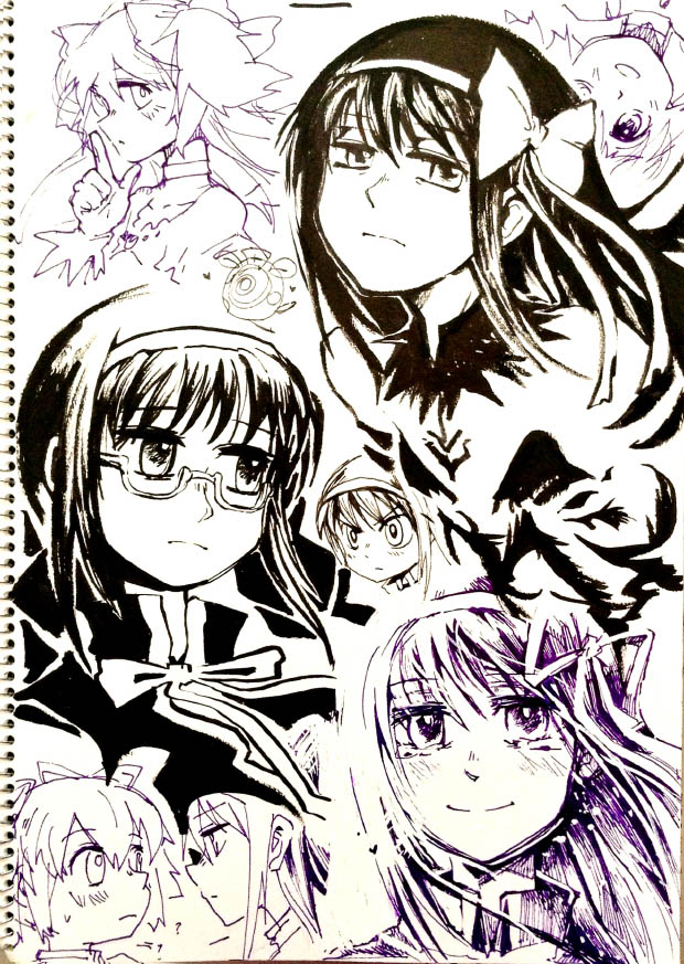 ? akemi_homura akuma_homura bags_under_eyes bare_shoulders blush bow braid choker eye_contact face-to-face familiar_(madoka_magica) glasses gloves hair_bow hair_ribbon heart kaname_madoka long_hair looking_at_another looking_at_viewer magical_girl mahou_shoujo_madoka_magica mahou_shoujo_madoka_magica_movie monochrome multiple_girls open_mouth pyotr_(madoka_magica) ribbon semi-rimless_eyewear short_twintails silverxp sketch sketchbook smile spoilers tears twin_braids twintails two_side_up ultimate_madoka