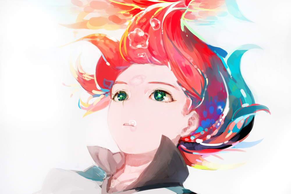air_bubble bad_id bad_pixiv_id bubble caustics green_eyes inazuma_eleven inazuma_eleven_(series) kiyama_hiroto looking_up male_focus multicolored_hair parted_lips popped_collar portrait red_hair simple_background solo submerged uichi underwater