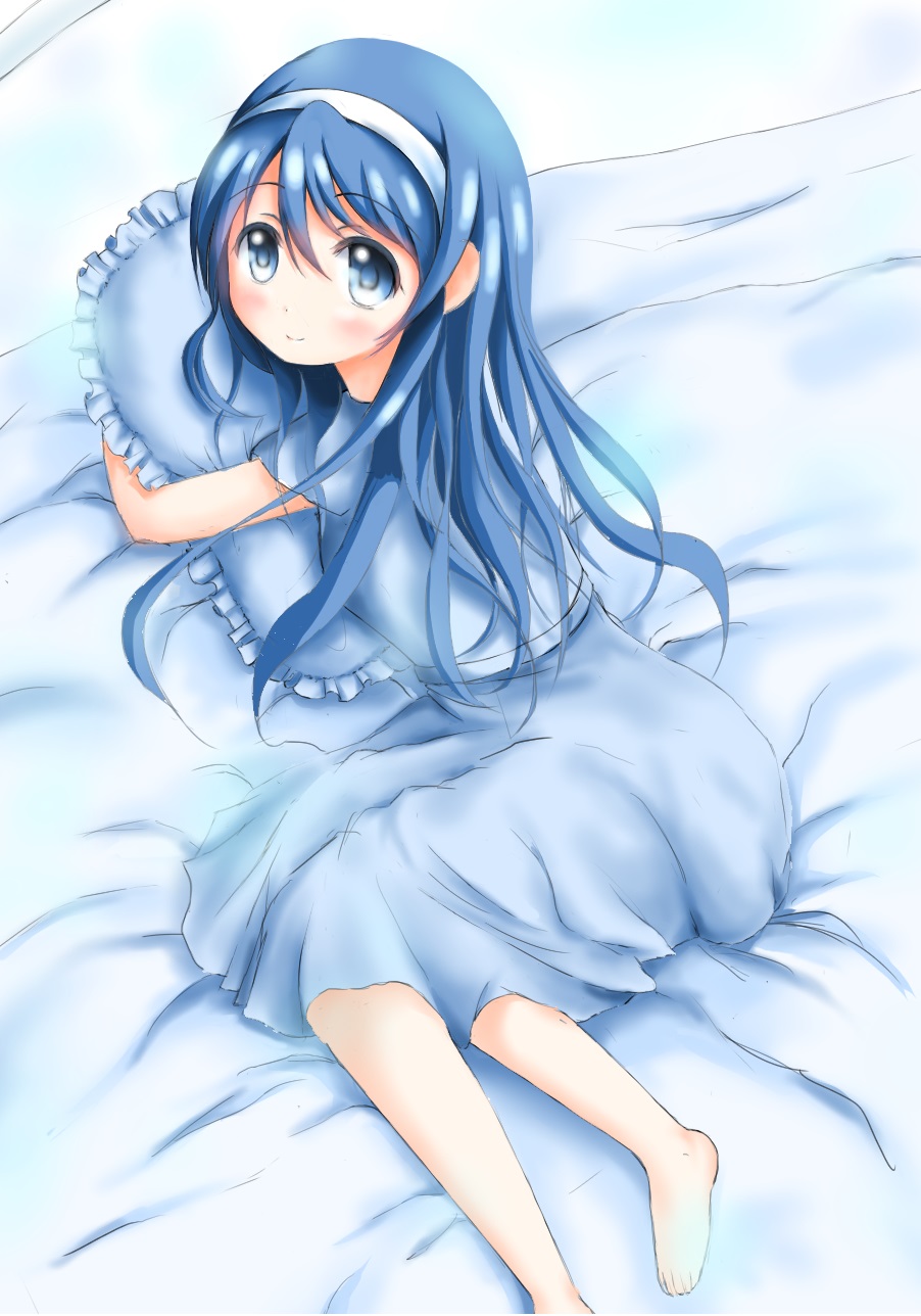 barefoot blue_eyes blue_hair dress futaba_aoi_(vividred_operation) hairband highres itak long_hair pillow pillow_hug sleepwear solo vividred_operation