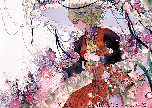 adapted_costume alternate_costume ascot dated dress dutch_angle field flower flower_field from_side green_hair hair_flower hair_ornament holding holding_umbrella kazami_yuuka leaf long_sleeves nature parasol petals plaid plaid_dress profile puffy_sleeves red_eyes ribbon short_hair sitting solo text_focus touhou tsukioka_tsukiho umbrella