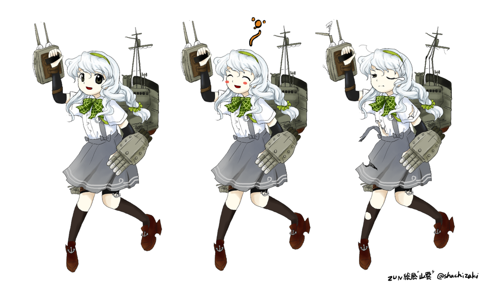 1girl arm_warmers bike_shorts blush_stickers bow braid dress_shirt expressions eyes_closed green_bow grey_eyes grey_skirt hairband happy kantai_collection loafers long_hair one_eye_closed oota_jun'ya_(style) oota_jun'ya_(style) open_mouth parody payot shachizaki shirt shoes short_sleeves sidelocks simple_background single_braid skirt smile solo style_parody suspenders tears torn_clothes torn_shirt torn_skirt turret white_background white_hair yamagumo_(kantai_collection)