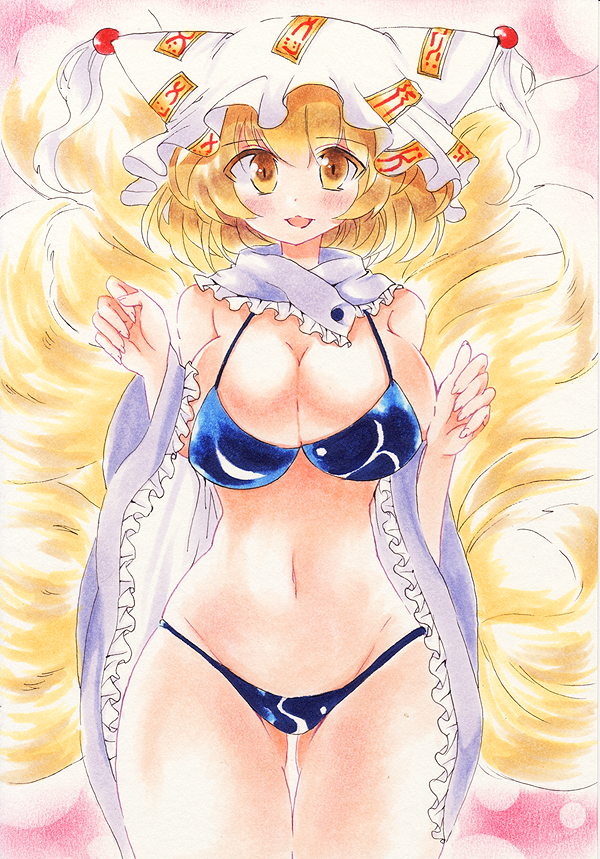 bare_legs blonde_hair blush bra breasts cleavage cowboy_shot fox_tail hat hat_ornament large_breasts looking_at_viewer midriff multiple_tails navel open_mouth panties pillow_hat pink_background short_hair solo tail touhou underwear wminiminiw yakumo_ran yellow_eyes