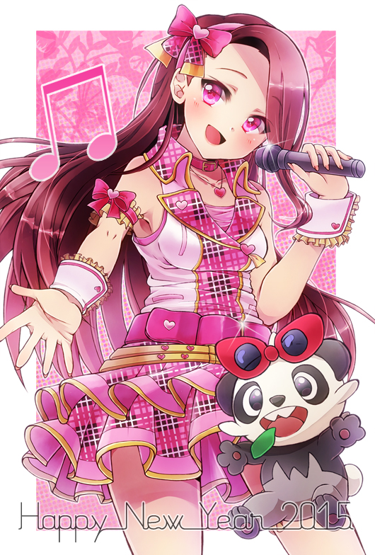 2015 81_(mellowry) alternate_eye_color bow brown_hair check_my_note crossover dress eyewear_on_head gen_6_pokemon gloves hair_ribbon happy_new_year idol idolmaster idolmaster_(classic) idolmaster_2 idolmaster_one_for_all leaf long_hair looking_at_viewer microphone minase_iori mouth_hold music new_year open_mouth pancham pink_bow pink_dress pink_eyes pokemon pokemon_(anime) pokemon_(creature) ribbon singing solo sunglasses