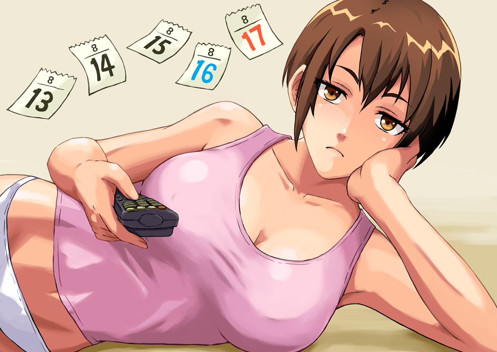 1girl bored breasts brown_hair calendar large_breasts lying original short_hair solo tomoshiki