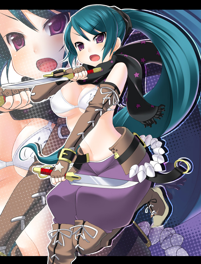 7th_dragon 7th_dragon_(series) bikini_top blue_hair boots breasts cleavage dagger dual_wielding elbow_gloves gloves holding kyoku_tou large_breasts long_hair melk_(7th_dragon) midriff navel ponytail purple_eyes rogue_(7th_dragon) scarf solo weapon zoom_layer