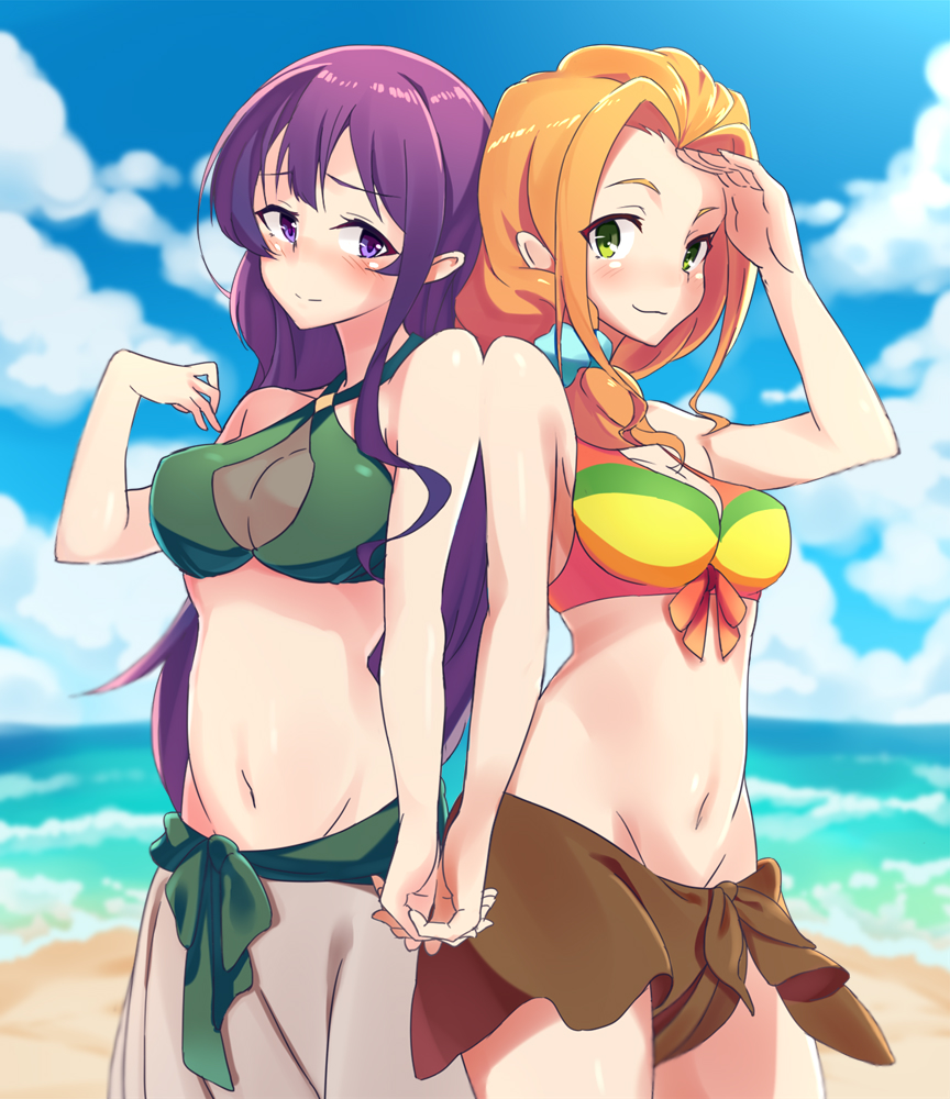 2girls beach bikini blue_sky blush day error girlish_number green_bikini_top green_eyes grey_skirt groin hand_holding hand_up katakura_koto long_hair looking_at_viewer multiple_girls navel ocean orange_hair purple_eyes purple_hair ramu_(taka1995) shibasaki_kazuha skirt sky smile standing swimsuit very_long_hair yellow_bikini_top