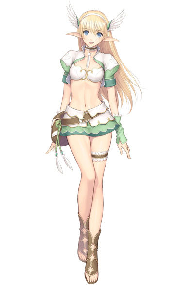 blonde_hair blue_eyes breasts cleavage cleavage_cutout dress elbow_gloves elf elwing feathers frills garters gloves hairband head_wings long_hair long_legs looking_at_viewer medium_breasts miniskirt open_toe_shoes pointy_ears shining_(series) shining_ark shoes skirt smile solo tanaka_takayuki