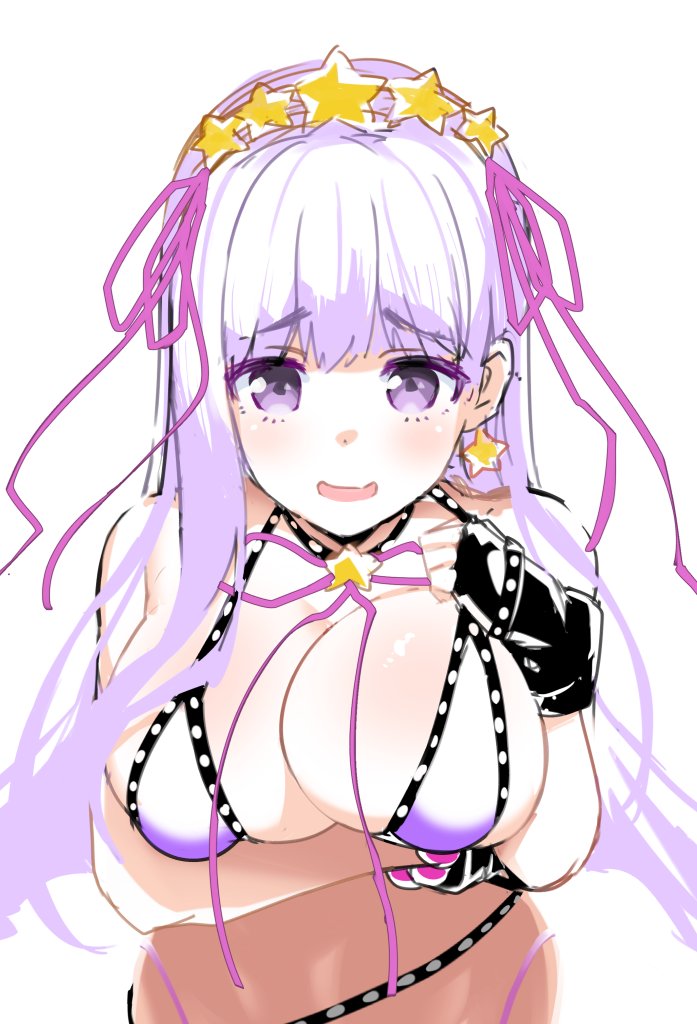 :d bangs batsu bb_(fate)_(all) bb_(fate/extra_ccc) bb_(swimsuit_mooncancer)_(fate) bikini black_gloves blush breasts commentary_request earrings eyebrows_visible_through_hair fate/grand_order fate_(series) fingerless_gloves gloves hair_ornament hair_ribbon hairband jewelry large_breasts leaning_forward long_hair open_mouth pink_ribbon purple_bikini purple_hair ribbon simple_background smile solo star star_earrings star_hair_ornament swimsuit white_background