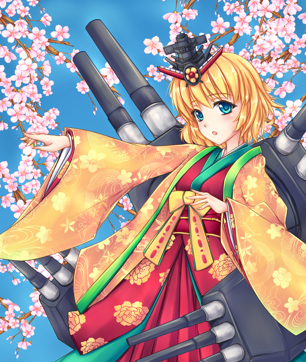 blonde_hair blue_eyes blush cherry_blossoms day fred0092 hair_ornament highres japanese_clothes kii_(monster_strike) long_sleeves looking_at_viewer monster_strike outstretched_arm short_hair sky solo tree turret