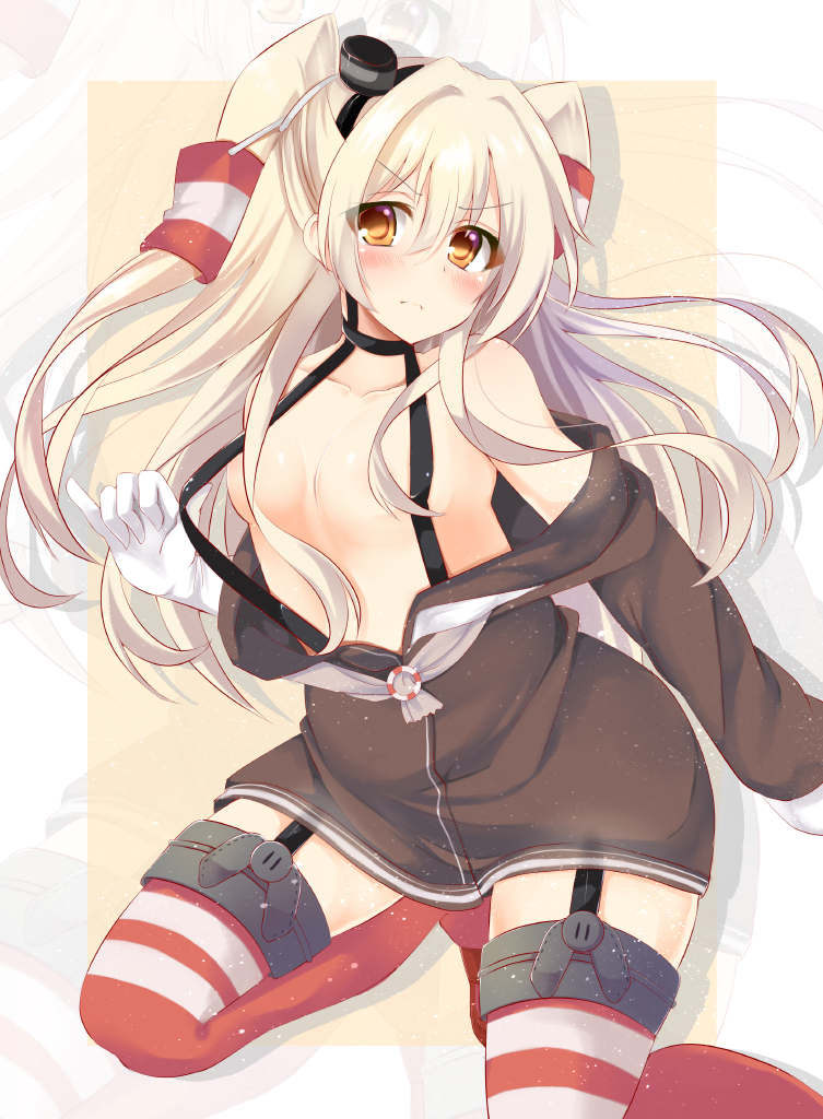 1girl amatsukaze_(kantai_collection) ashino bangs black_choker black_hairband blush breasts breasts_apart brown_dress choker closed_mouth collarbone commentary_request dress drop_shadow eyebrows_visible_through_hair eyes_visible_through_hair furrowed_eyebrows garter_straps gloves hair_between_eyes hair_intakes hair_tubes hairband kantai_collection long_hair long_sleeves looking_at_viewer no_bra open_clothes open_dress pulled_by_self red_legwear sailor_dress short_dress small_breasts solo strap_pull thighhighs two_side_up v-shaped_eyebrows white_gloves zoom_layer