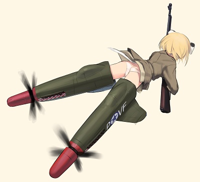 animal_ears ass blonde_hair bug butterfly dog_ears dog_tail flat_ass flying full_body gun insect jane_t_godfrey long_sleeves lowres military military_uniform panties shimada_fumikane short_hair solo striker_unit tail underwear uniform weapon white_panties world_witches_series