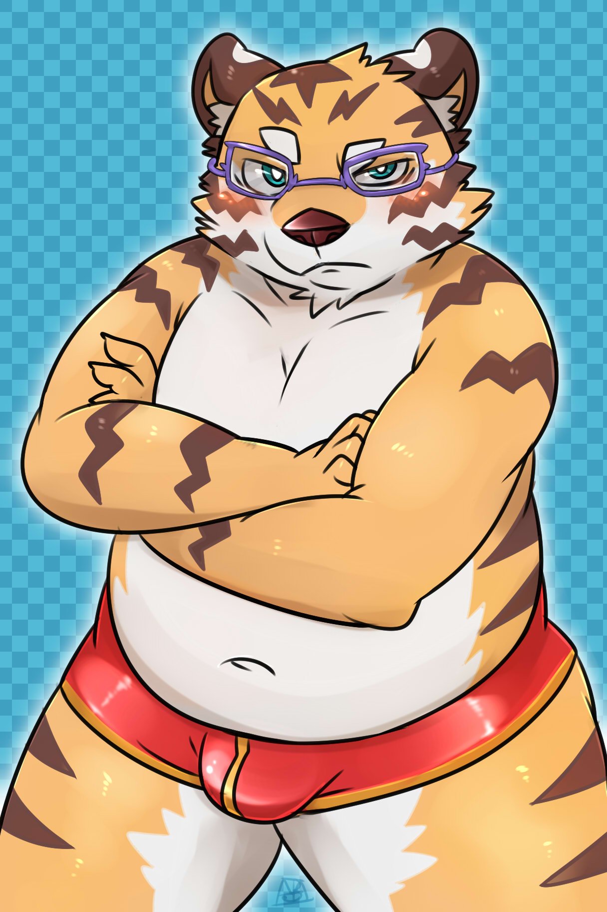 2019 anthro belly blush bulge clothing eyewear felid glasses humanoid_hands male mammal navel pantherine simple_background slightly_chubby solo tiger tiri_mama underwear