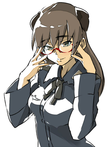 animal_ears bespectacled brown_eyes brown_hair dog_ears glasses johanna_wiese long_hair long_sleeves lowres military military_uniform red-framed_eyewear ribbon simple_background solo uniform uno_ichi white_background world_witches_series