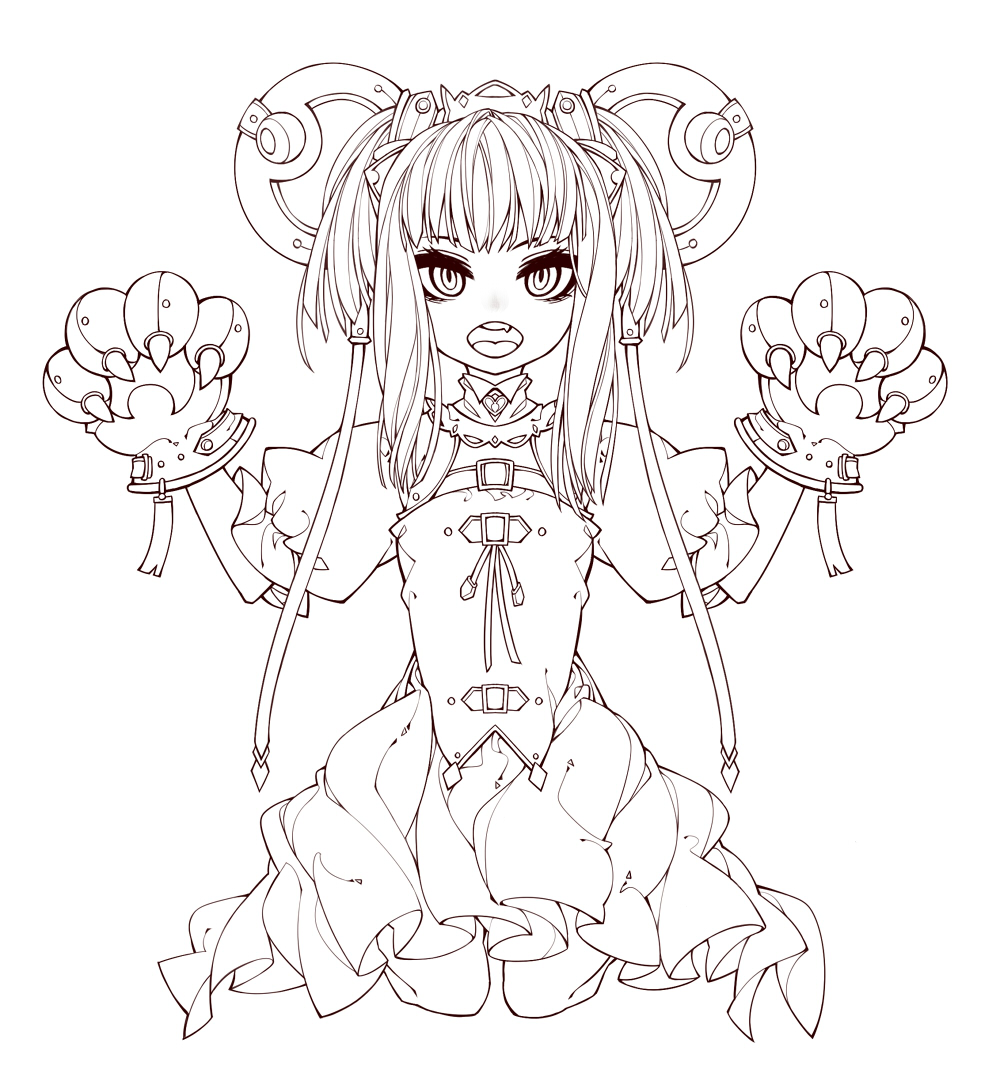 1girl bangs belt_buckle buckle claws dress fang gloves greyscale hair_ornament headgear heart iralion lineart medium_hair monochrome open_mouth original paw_pose simple_background sketch solo standing tied_hair tongue white_background