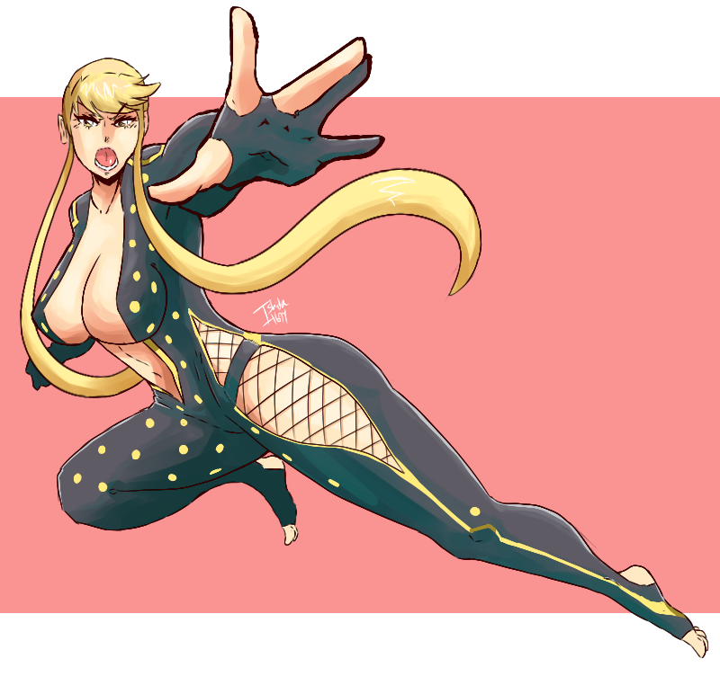 barefoot blonde_hair breasts center_opening cleavage fingerless_gloves fishnets foreshortening gloves ishida1694 kasuga_(sengoku_basara) large_breasts long_hair ninja open_mouth outstretched_hand sengoku_basara side_slit sidelocks solo toeless_legwear very_long_hair