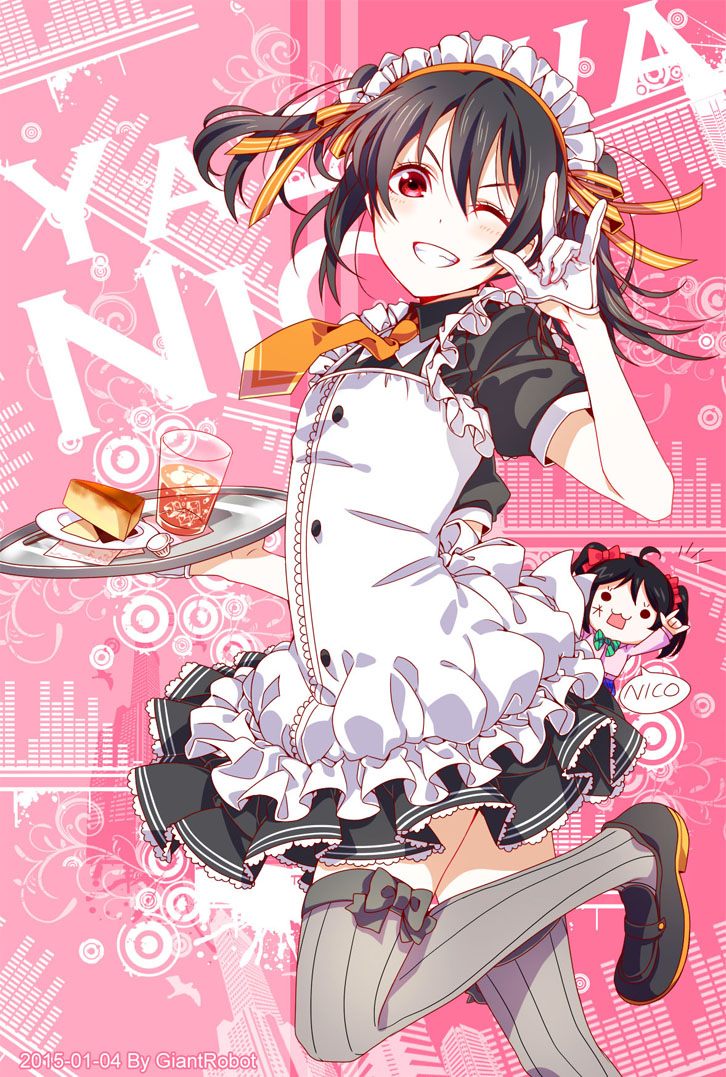 \m/ artist_name bad_id bad_pixiv_id black_hair character_name d_midiror dated food frills gloves grin looking_at_viewer love_live! love_live!_school_idol_project maid maid_headdress necktie one_eye_closed red_eyes smile solo striped striped_legwear thighhighs tray twintails waitress white_gloves yazawa_nico zettai_ryouiki